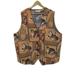Vintage Keren Hart Size 4X Cat Print Button Up Vest Eclectic Artsy Hippie